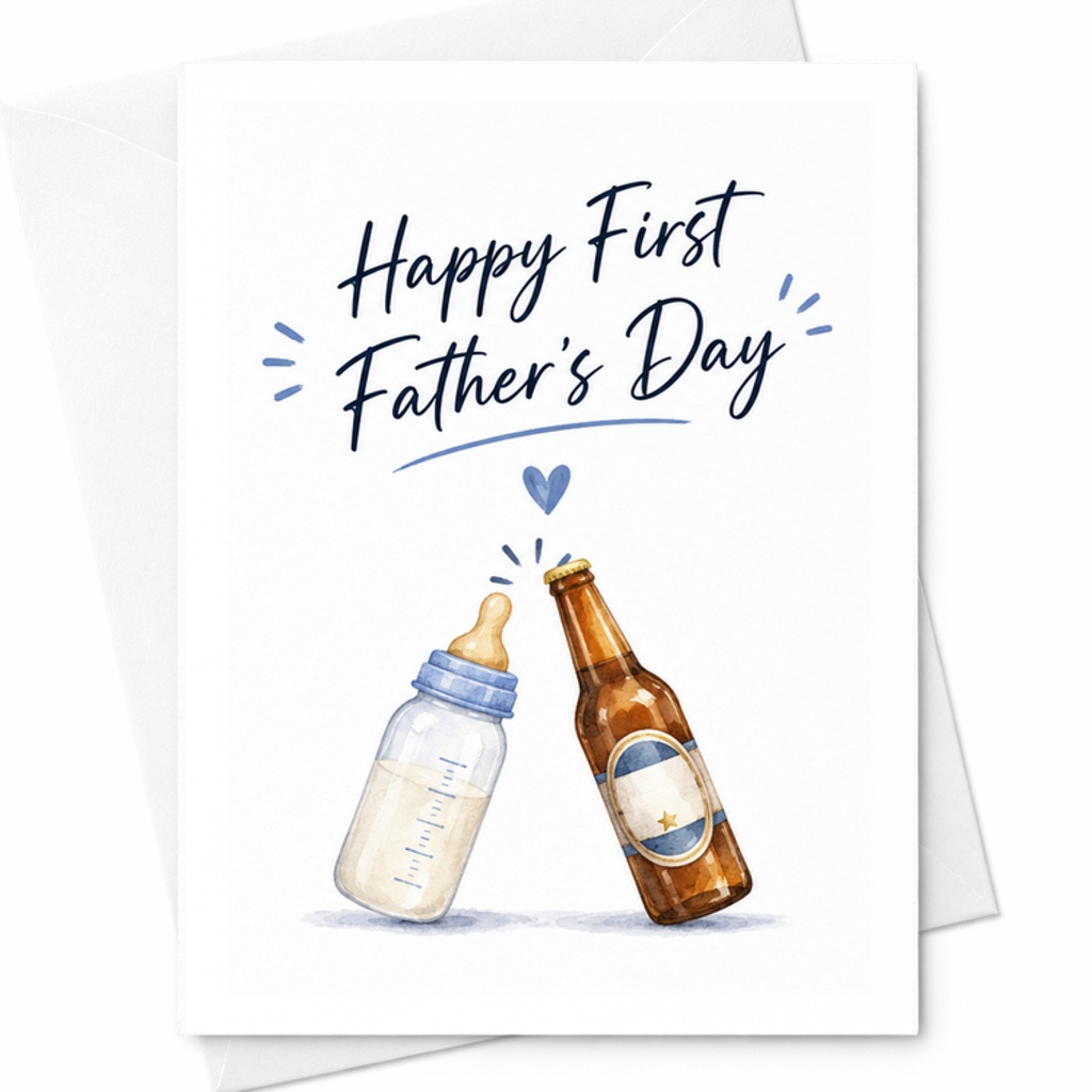 Happy First Father's Day Card New Dad Fathers Day Card First Time Dad Baby Bottle Beer Funny Dad Card C1581