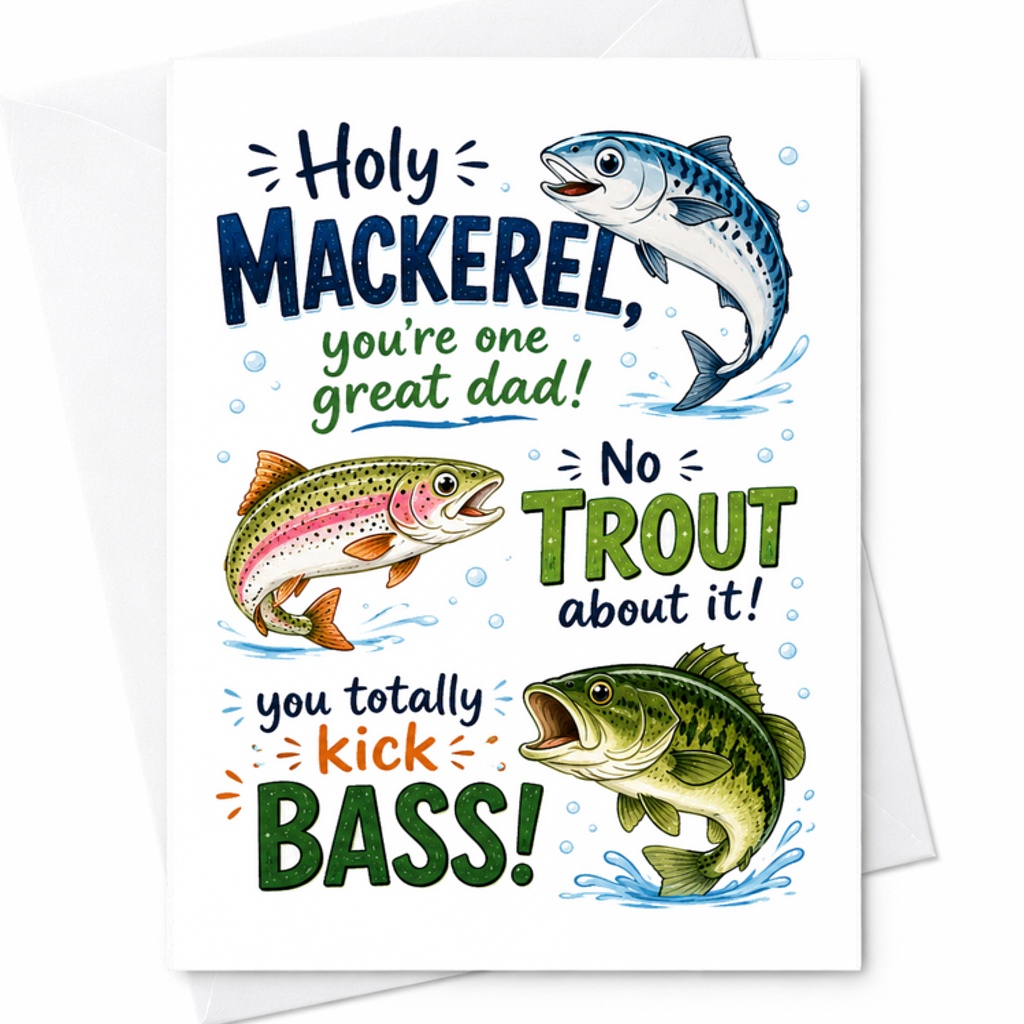 Holy Mackerel You’re One Great Dad Funny Fathers Day Card Fishing Dad Card Trout Bass Fisherman Card C1612