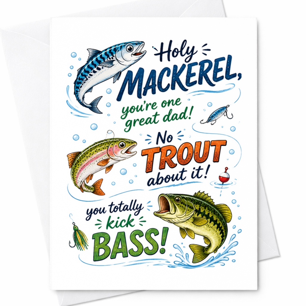 Holy Mackerel You’re One Great Dad Funny Fathers Day Card Fishing Dad Card Trout Bass Fisherman Card Gift C1613