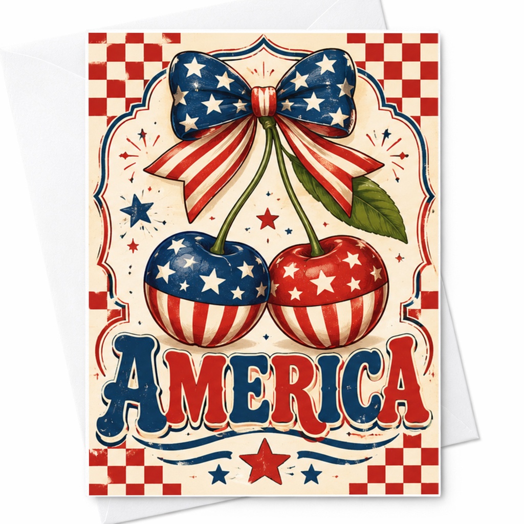 America Patriotic Cherries 4th Of July Card Retro Americana Card Coquette USA Cherry Summer Decor C1643