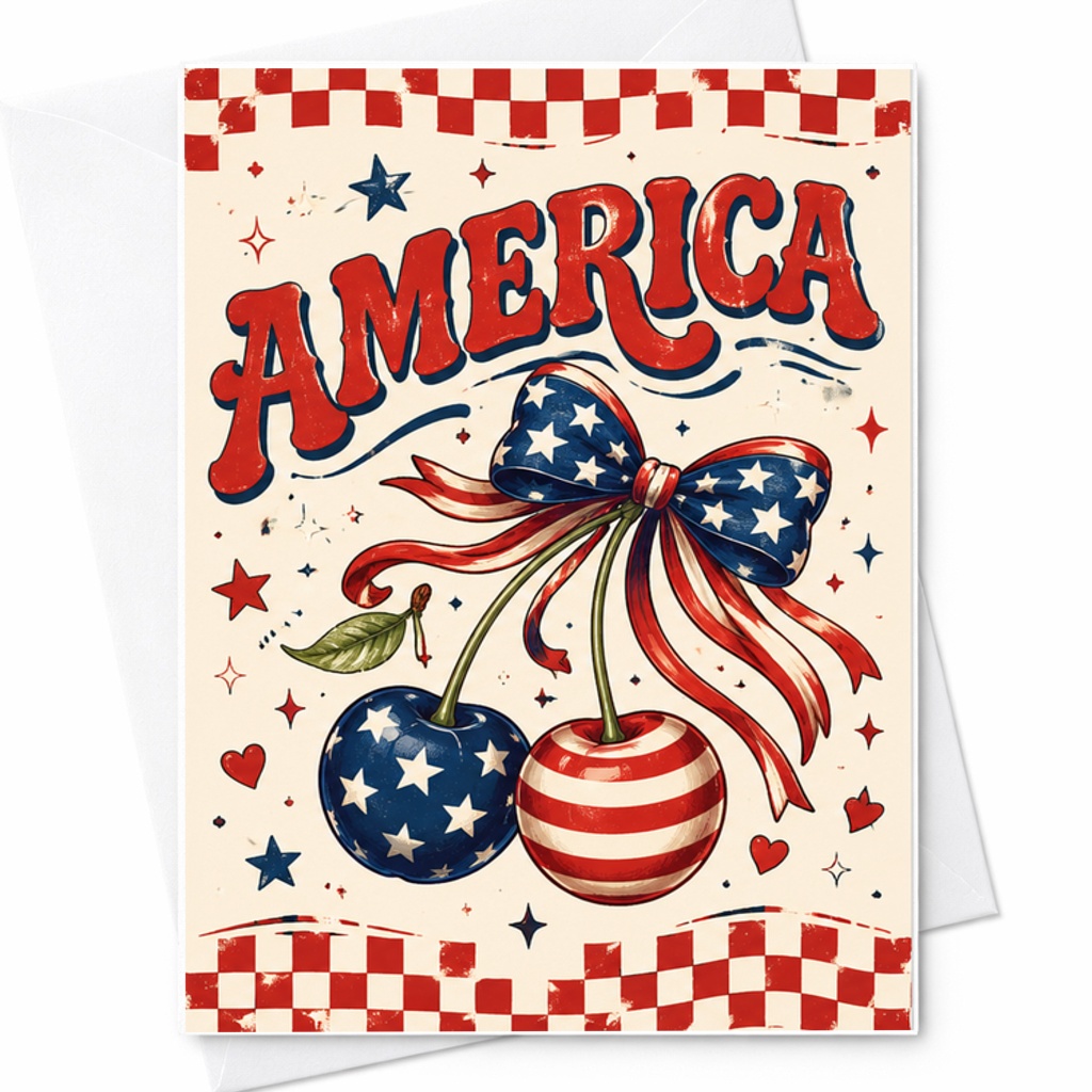 America Patriotic Cherries 4th Of July Card Retro Americana Coquette USA Cherry Summer Decor Card C1644