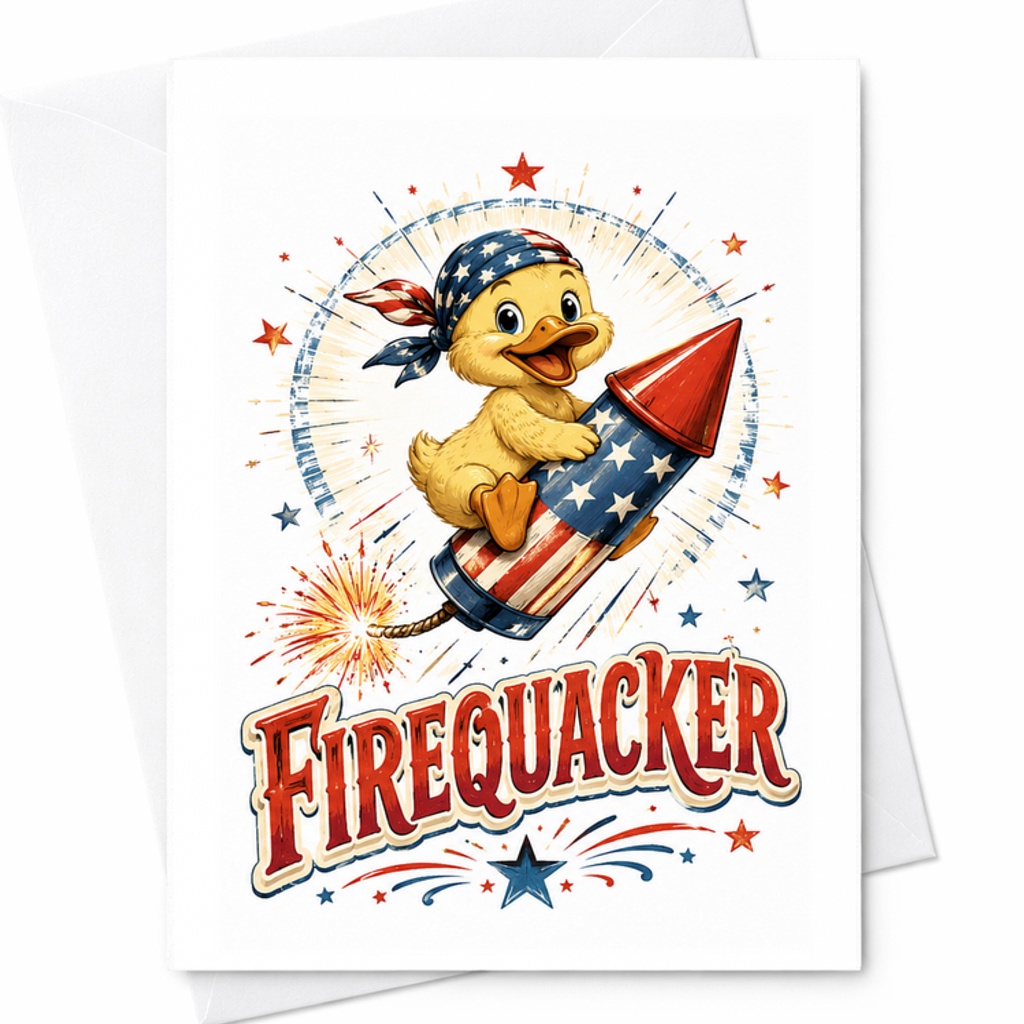 Firequacker Patriotic Duck 4th Of July Card Funny Americana Duck Firework Rocket Summer Card C1645