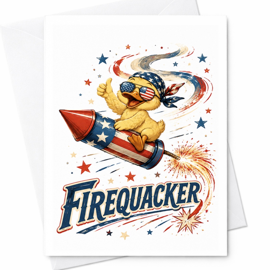 Firequacker Patriotic Duck 4th Of July Card Funny Americana Rocket Duck Red White Blue Summer Card C1646