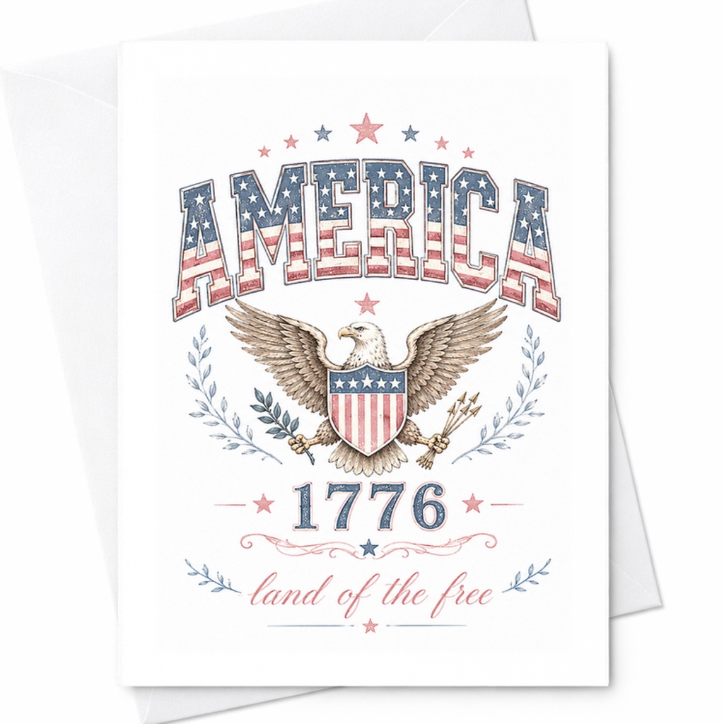 America 1776 Land Of The Free Patriotic 4th Of July Card Vintage Eagle Americana Independence Day C1647