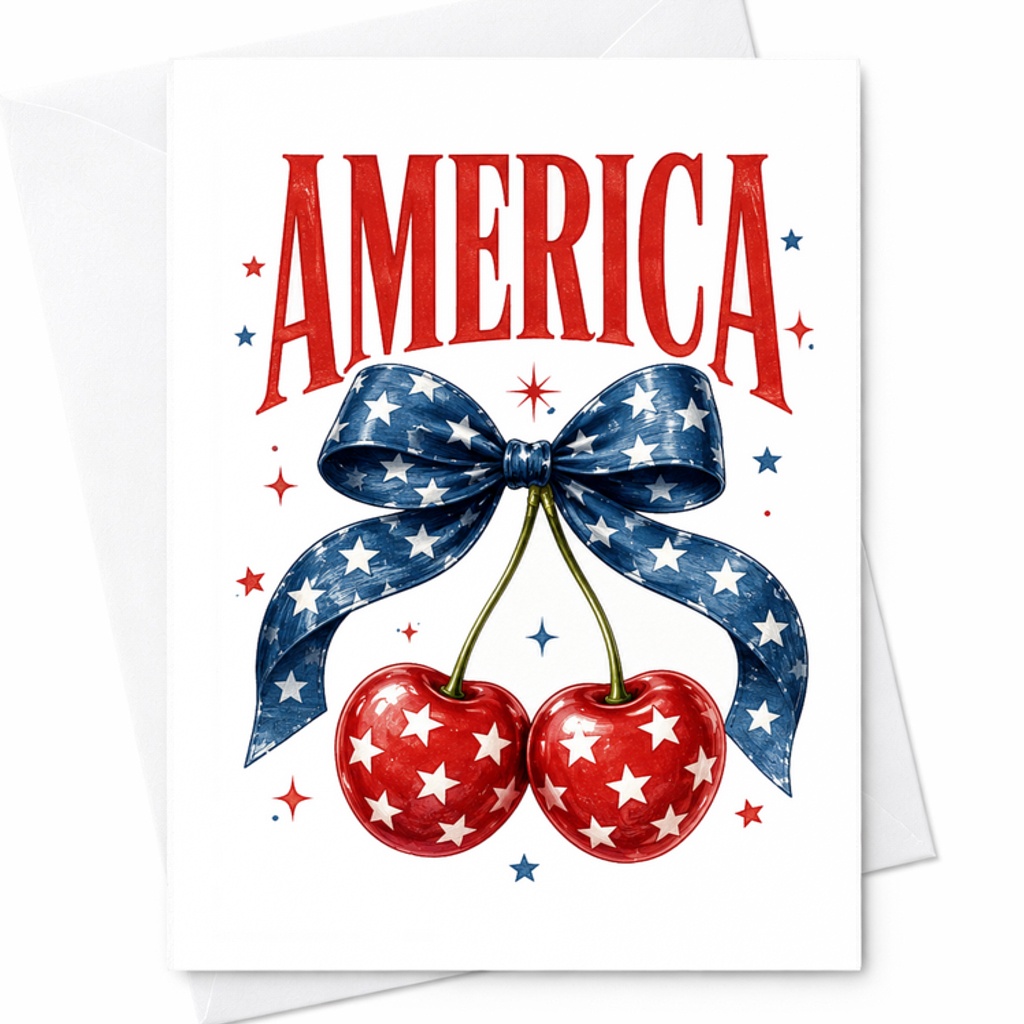 America Patriotic Cherry 4th Of July Card Coquette Americana Red White Blue Summer Independence Day C1649
