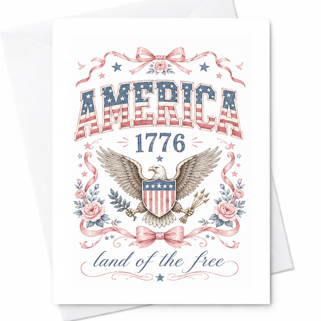 America 1776 Land Of The Free Patriotic 4th Of July Vintage Eagle Americana Independence Day Card C1648