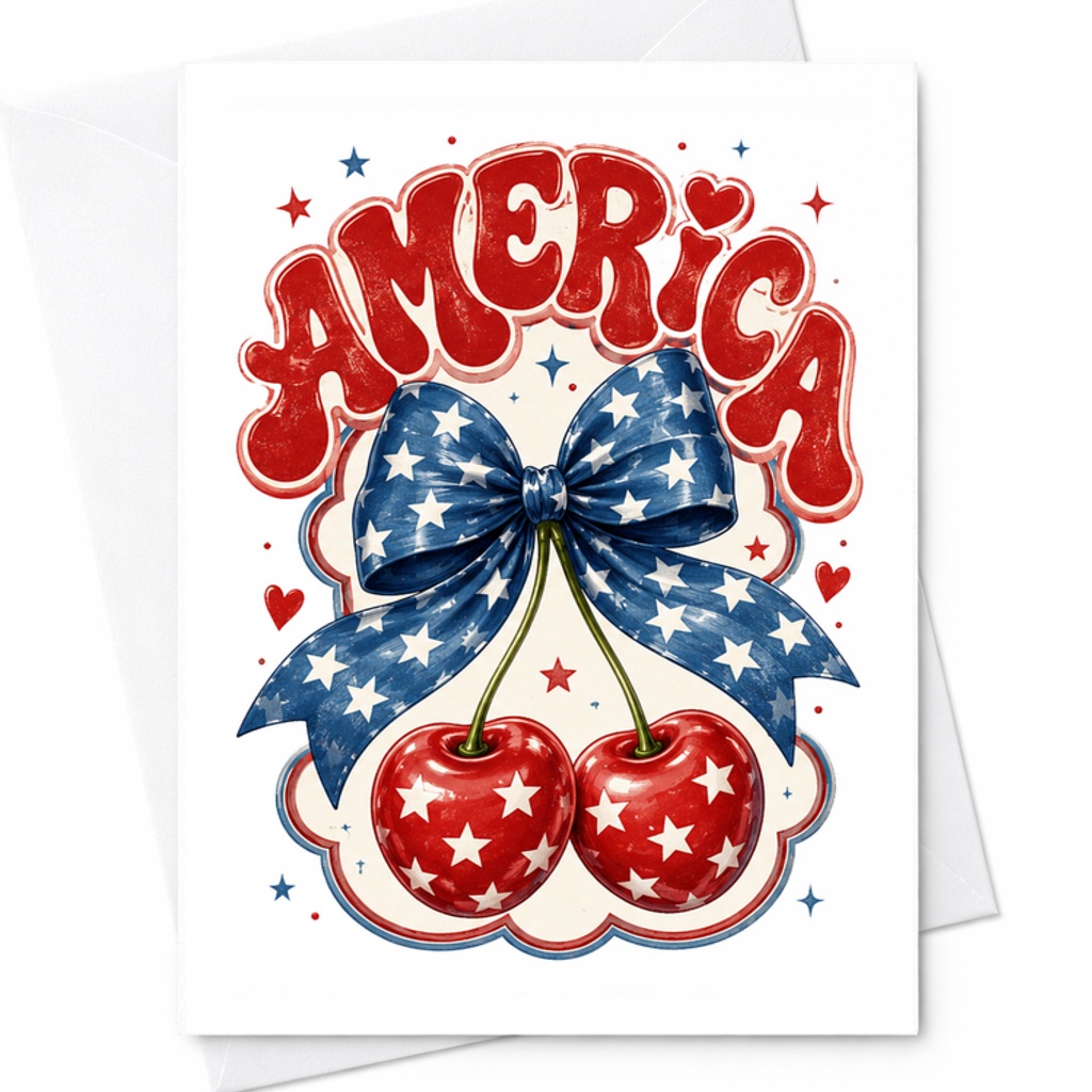 America Patriotic Cherry 4th Of July Card Coquette Americana Red White Blue Summer Independence Day Gift C1650