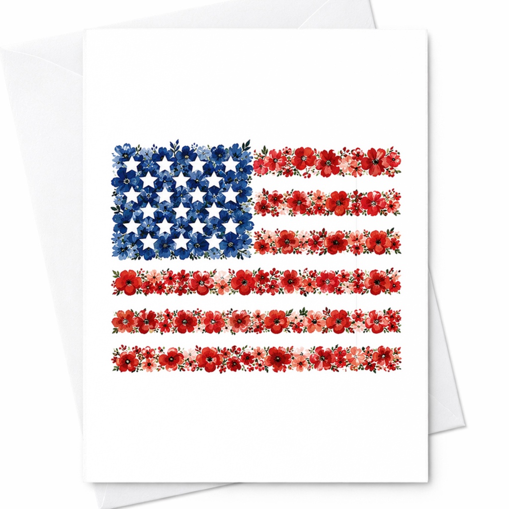 Floral American Flag Patriotic 4th Of July Card Cottagecore Americana Flower Flag Summer Decor C1653