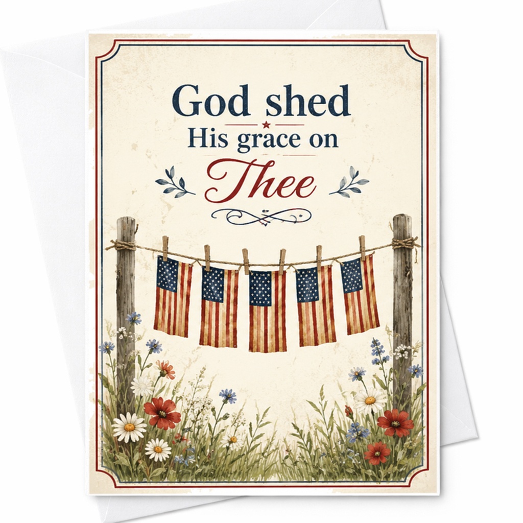 God Shed His Grace On Thee Patriotic 4th Of July Card Rustic Americana Flag Floral Summer Decor C1655
