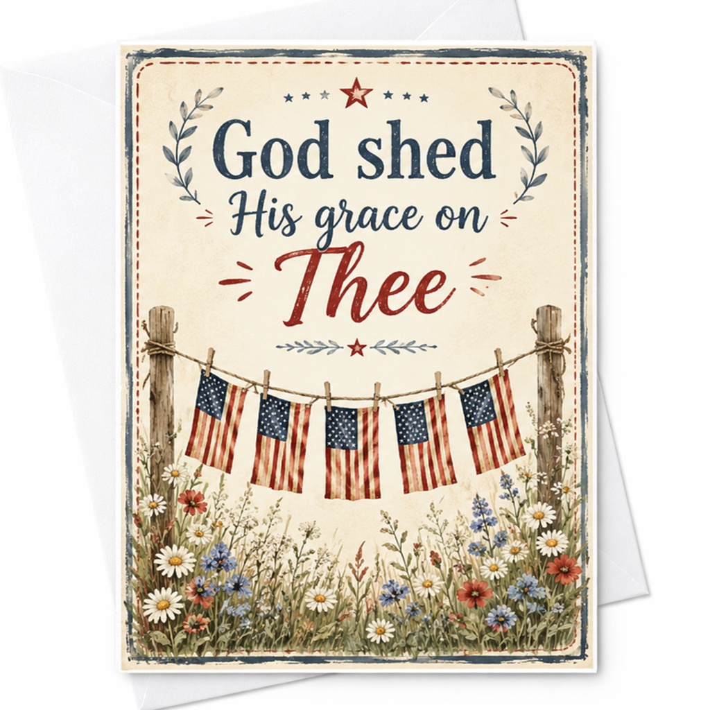 God Shed His Grace On Thee Patriotic 4th Of July Card Rustic Americana Flag Floral Summer Decor Card C1656
