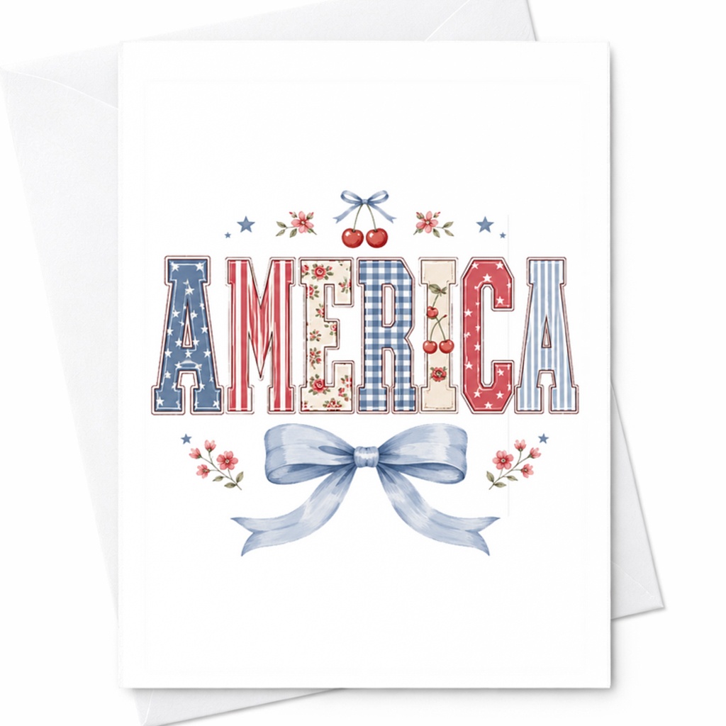 America Coquette Patriotic 4th Of July Card Cherry Bow Americana Soft Feminine USA Summer Decor C1657
