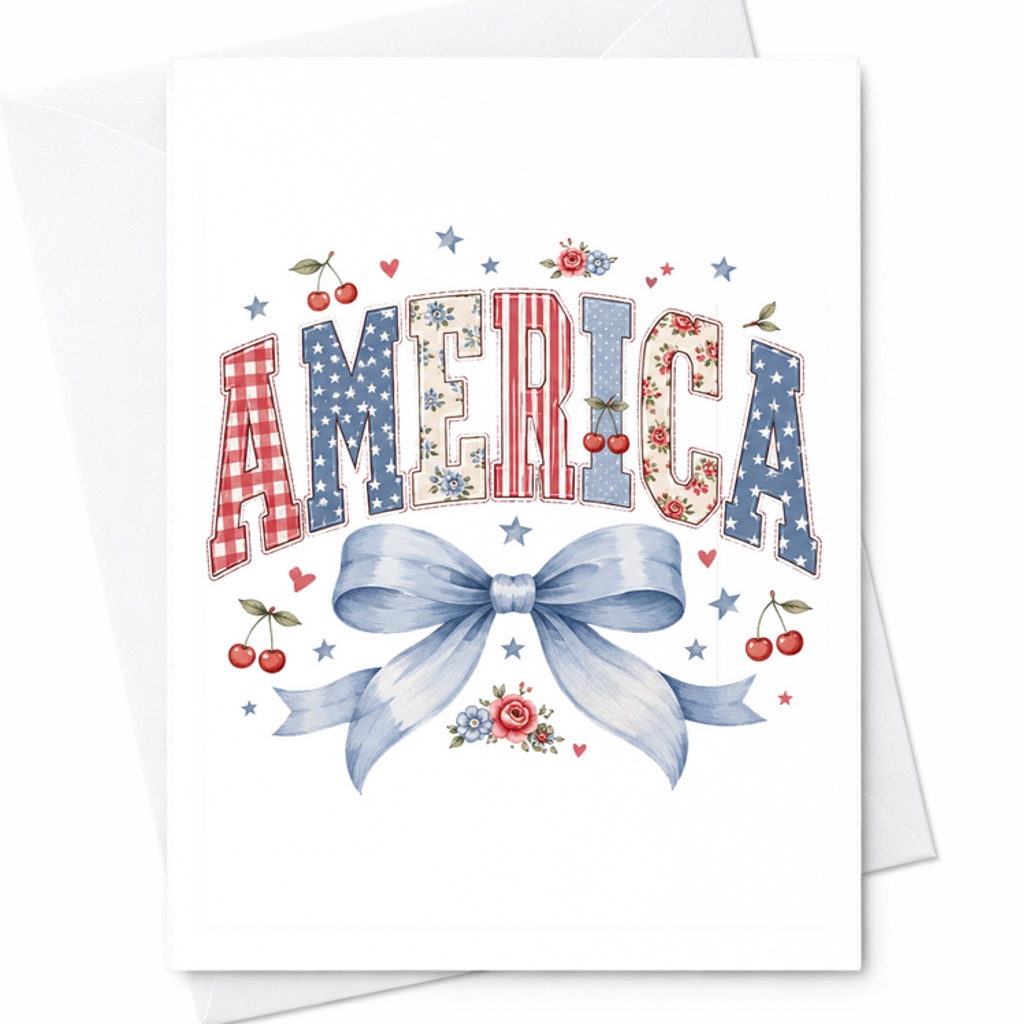 America Coquette Patriotic 4th Of July Card Cherry Bow Americana Soft Feminine USA Summer Decor Gift C1658