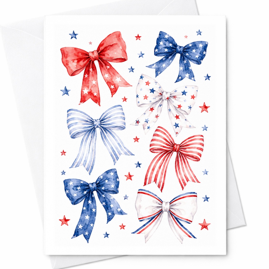 Patriotic Coquette Bows 4th Of July Card Red White Blue Americana Ribbon Bow Summer Decor C1659