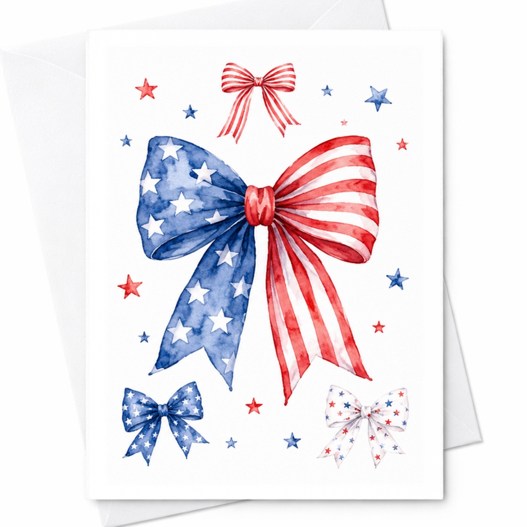 Patriotic Coquette Bows 4th Of July Card Red White Blue Americana Ribbon Bow Summer Decor Card C1660