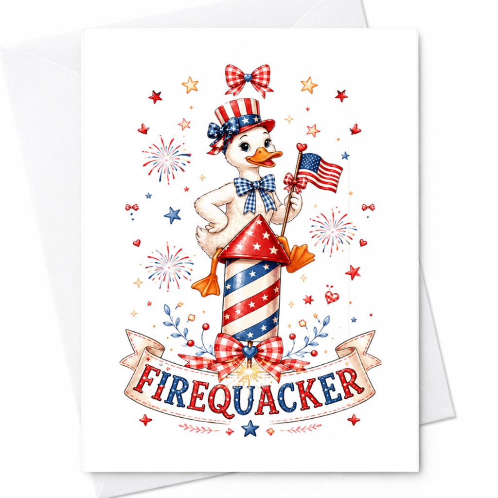 Firequacker Patriotic Duck 4th Of July Card Coquette Americana Firework Rocket Summer Decor Card C1662