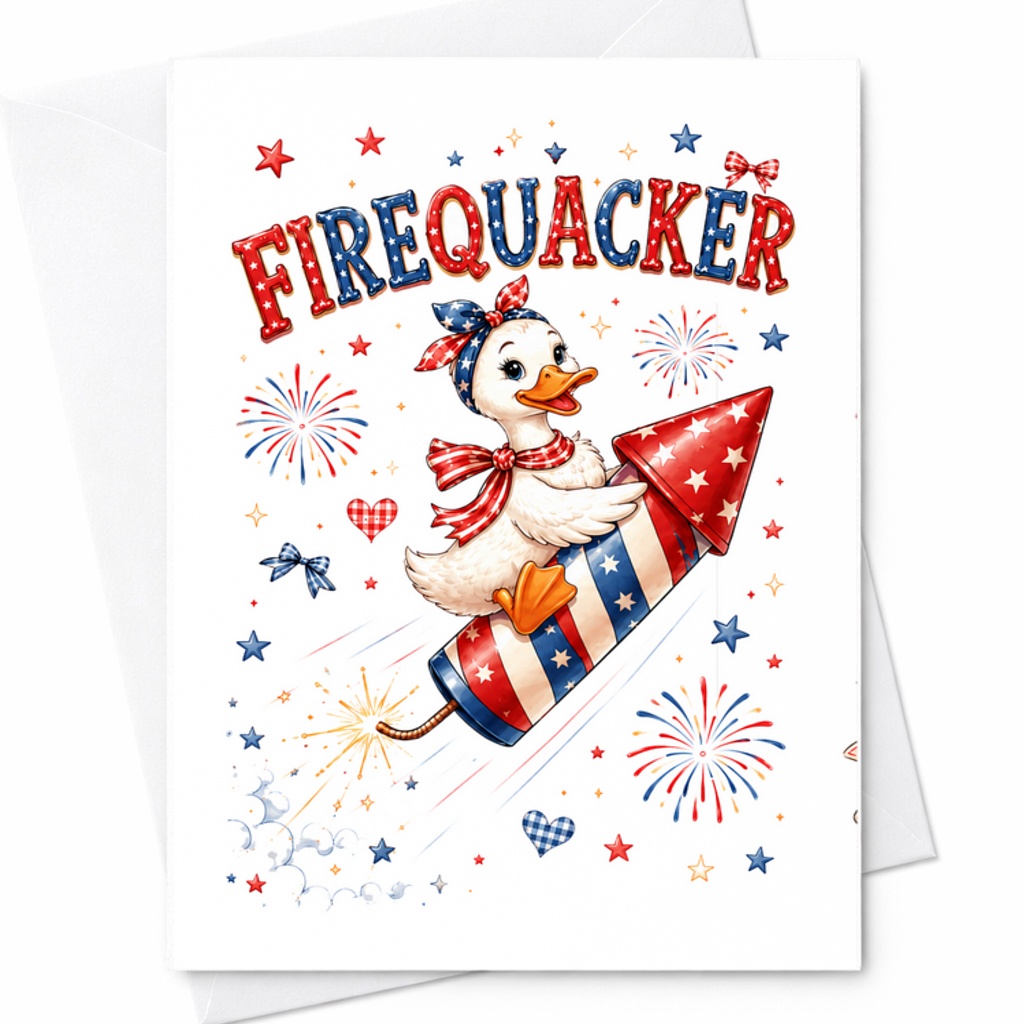 Firequacker Patriotic Duck 4th Of July Card Coquette Americana Firework Rocket Summer Decor C1661