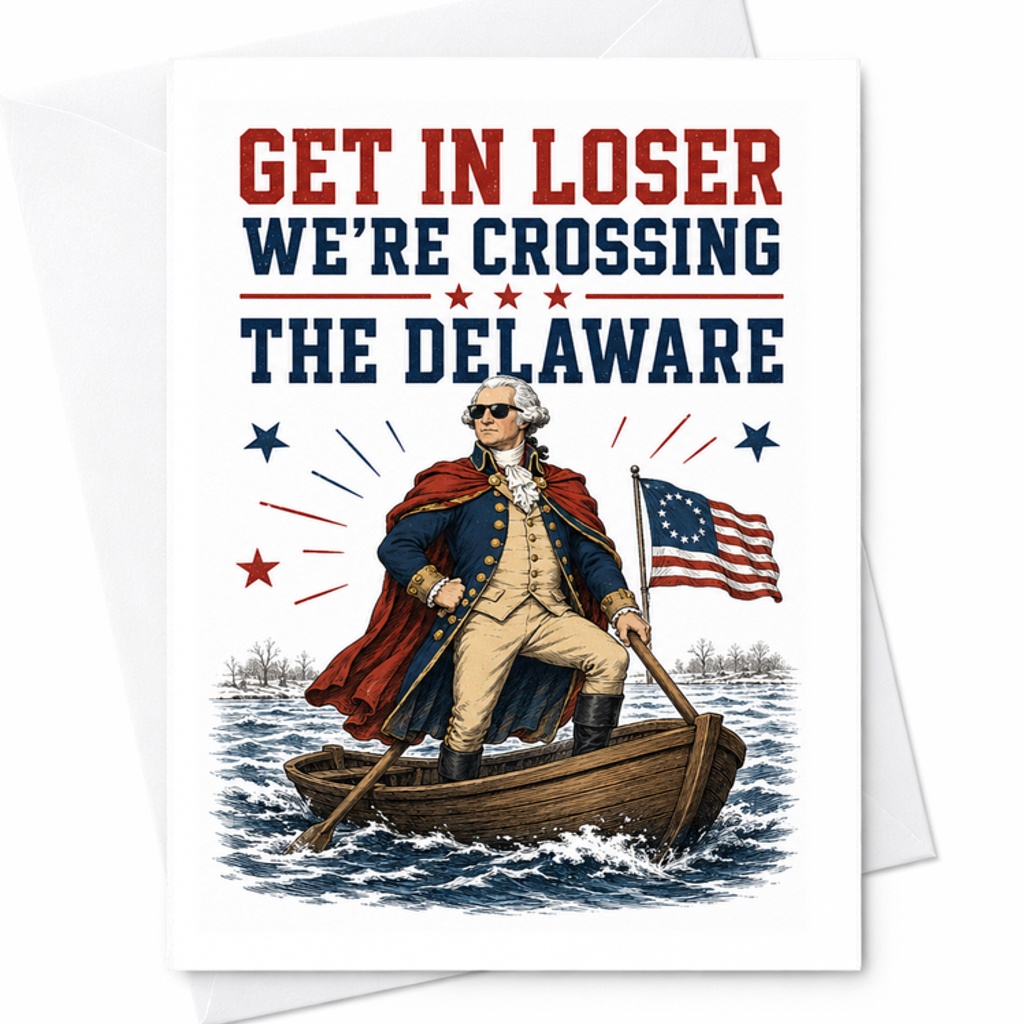 Get In Loser We’re Crossing The Delaware Patriotic 4th Of July Card Funny George Washington Americana C1663