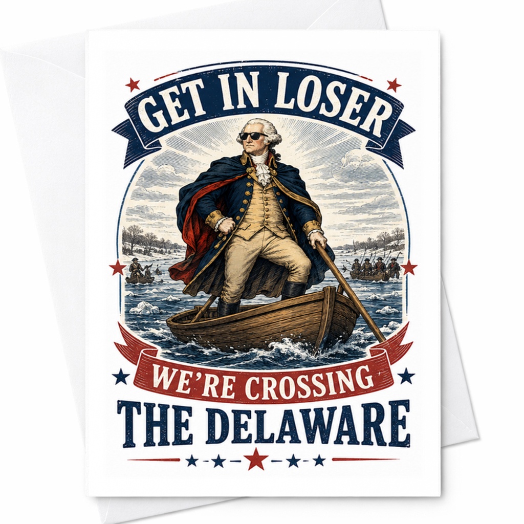 Get In Loser We’re Crossing The Delaware Patriotic 4th Of July Card Funny George Washington Americana Gift C1664