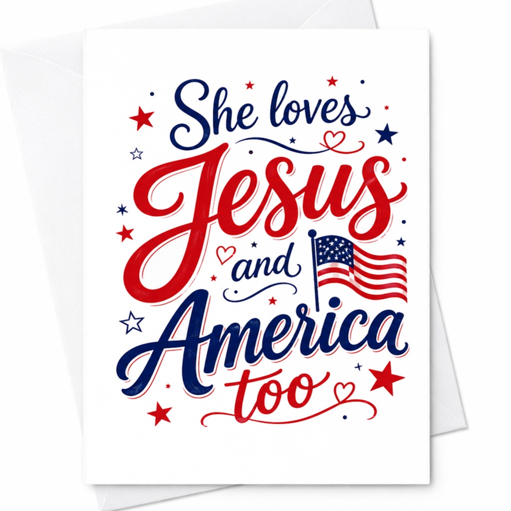 She Loves Jesus And America Too Patriotic Christian 4th Of July Card Faith Based America Card C1677