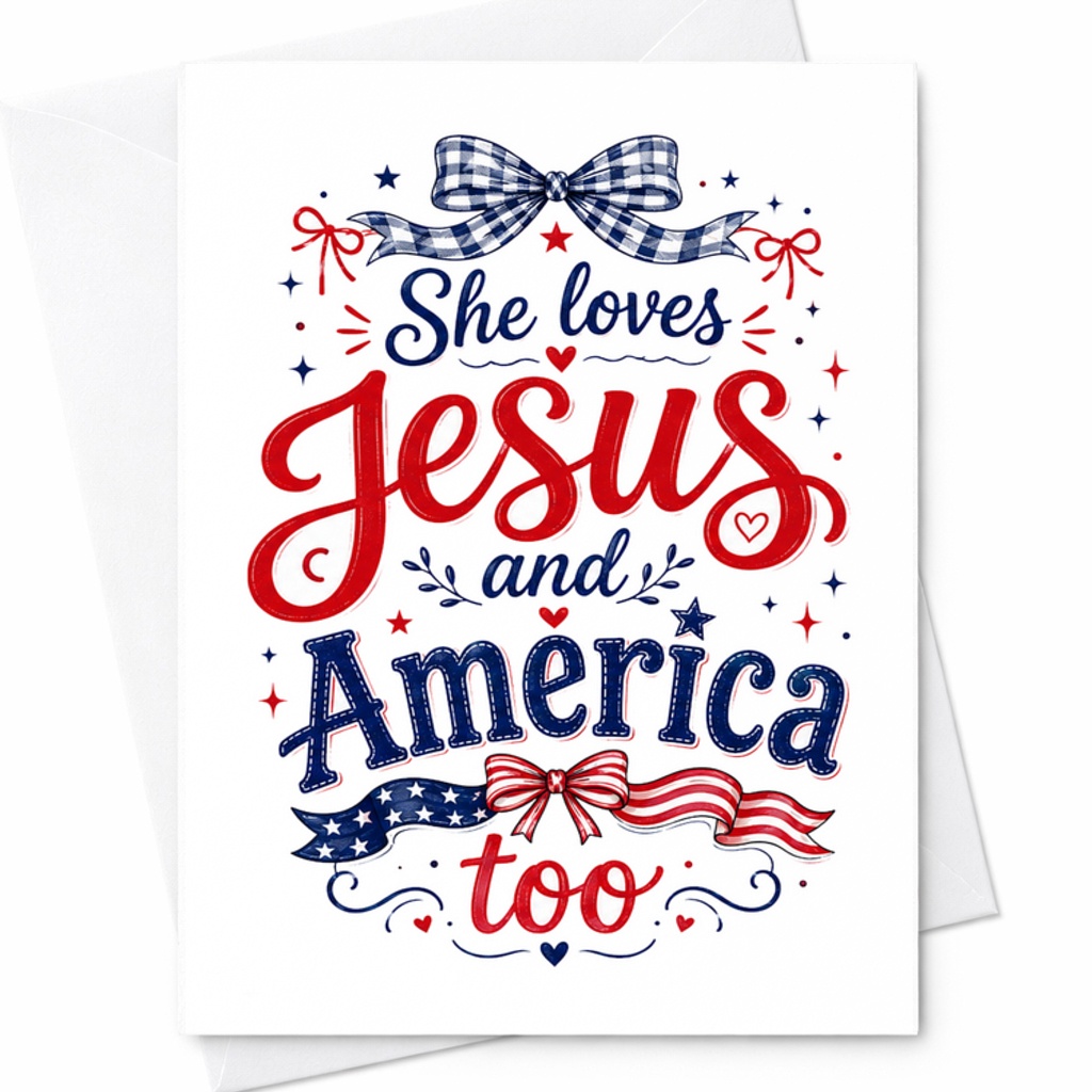 She Loves Jesus And America Too Patriotic Christian 4th Of July Card Faith Based America C1678