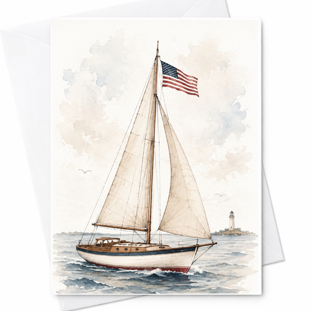Patriotic Sailboat 4th Of July Card Coastal Americana Card Vintage Nautical America Flag C1680