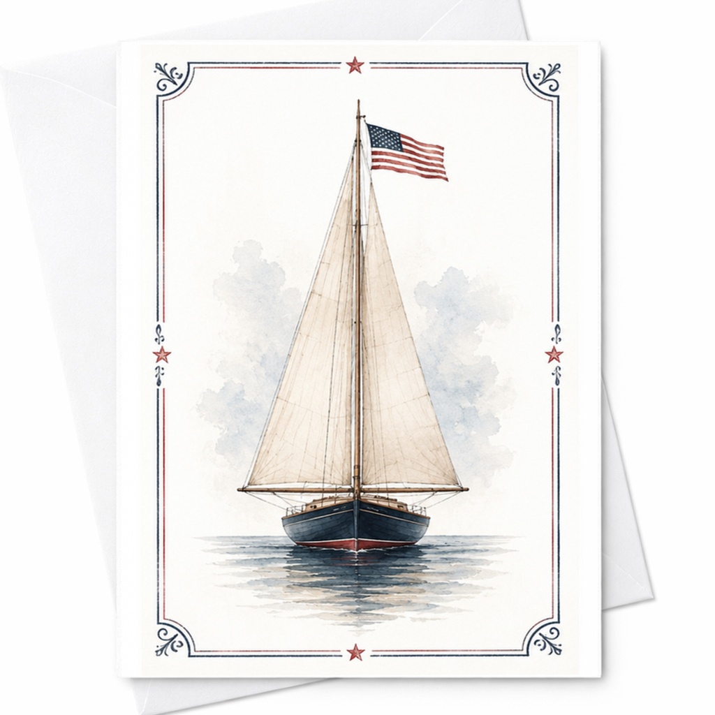 Patriotic Sailboat 4th Of July Card Coastal Americana Card Vintage Nautical America Flag Card C1679