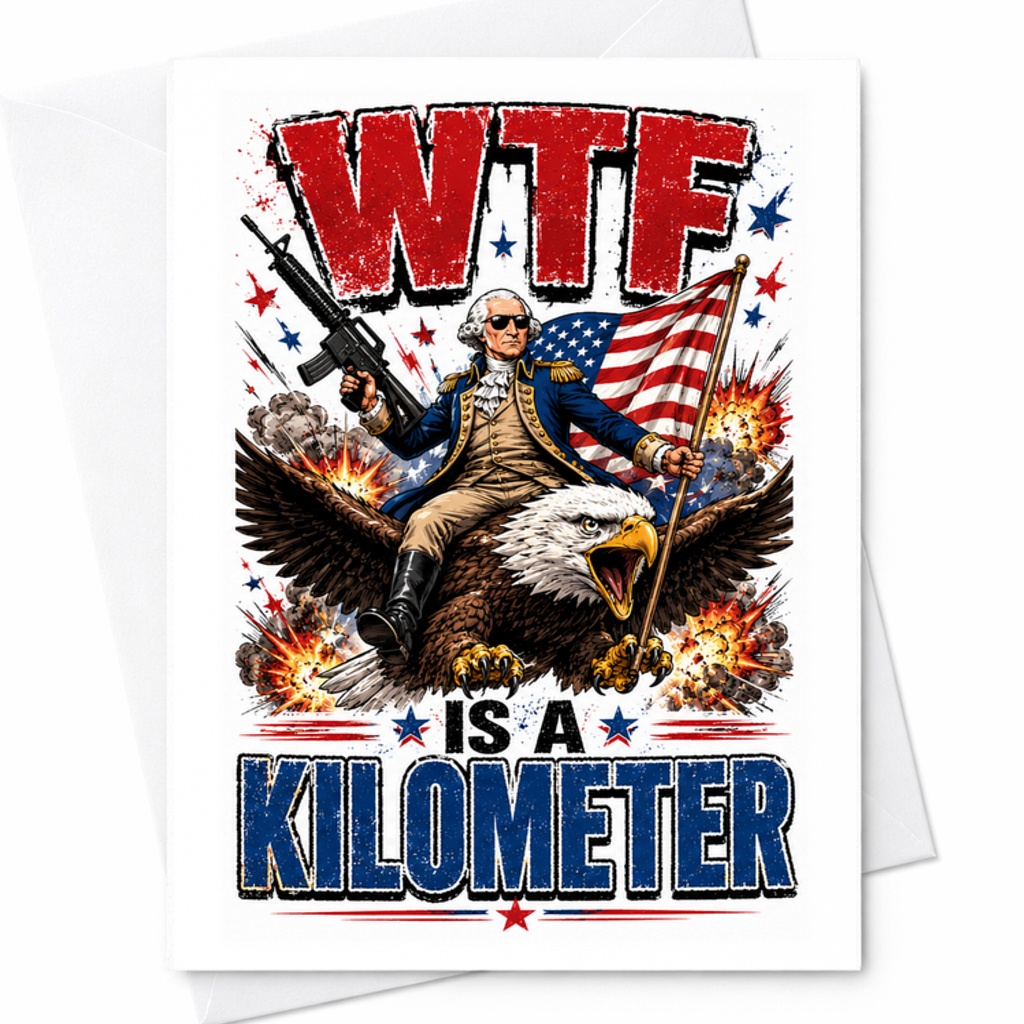 WTF Is A Kilometer Funny 4th Of July Card Patriotic America George Washington Independence Day Humor C1689