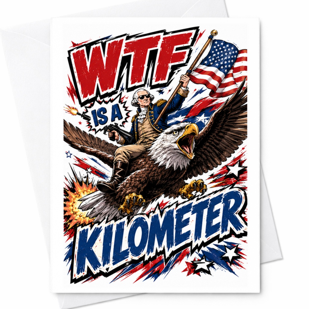 WTF Is A Kilometer Funny 4th Of July Card Patriotic America George Washington Independence Day C1690