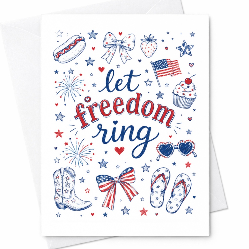 Let Freedom Ring Patriotic Coquette 4th Of July Card Americana Bows Boots Independence Day C1698