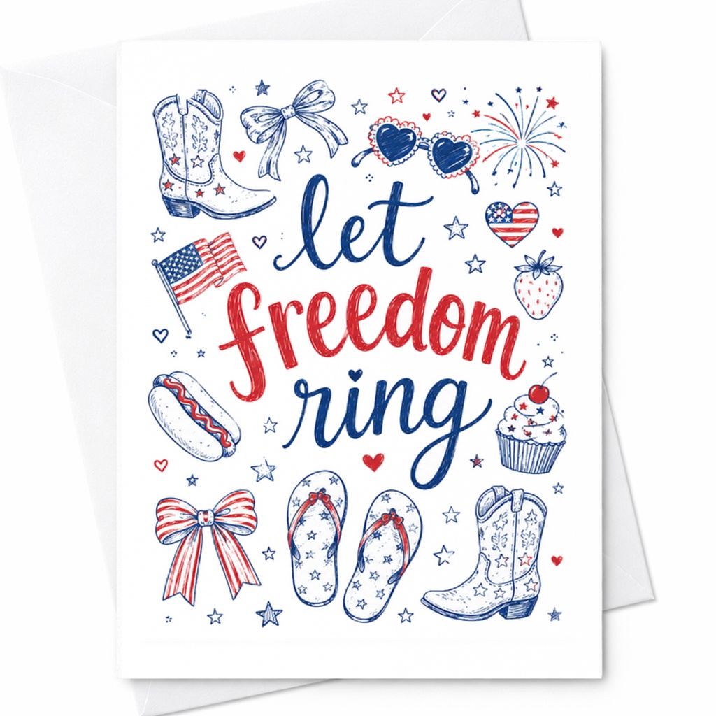 Let Freedom Ring Patriotic Coquette 4th Of July Card Americana Bows Boots Independence Day Decor C1697
