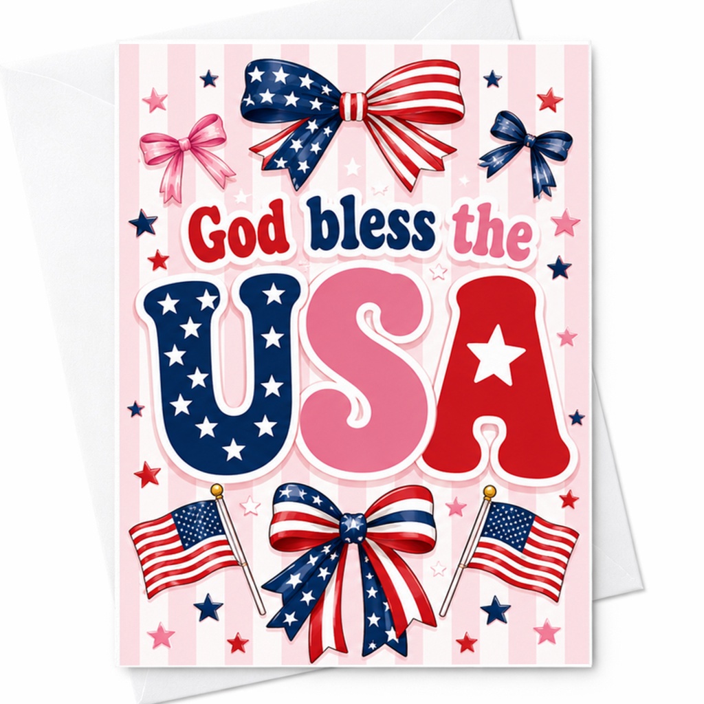 God Bless The USA Patriotic Coquette 4th Of July Card Pink Americana Bow Independence Day Decor C1703