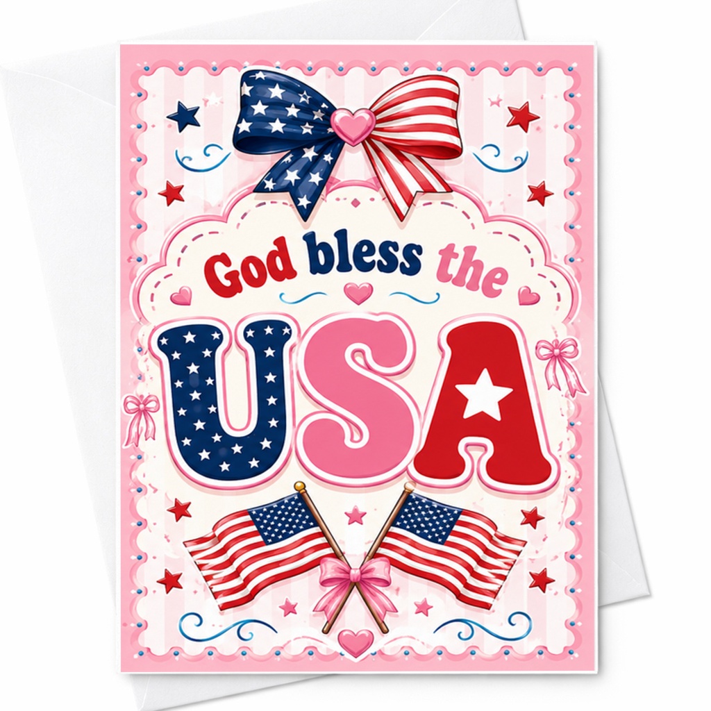 God Bless The USA Patriotic Coquette 4th Of July Card Pink Americana Bow Independence Day C1704