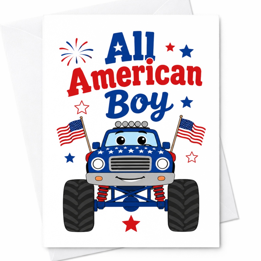 All American Boy Patriotic Monster Truck 4th Of July Card Cute Kids Independence Day USA Design C1705