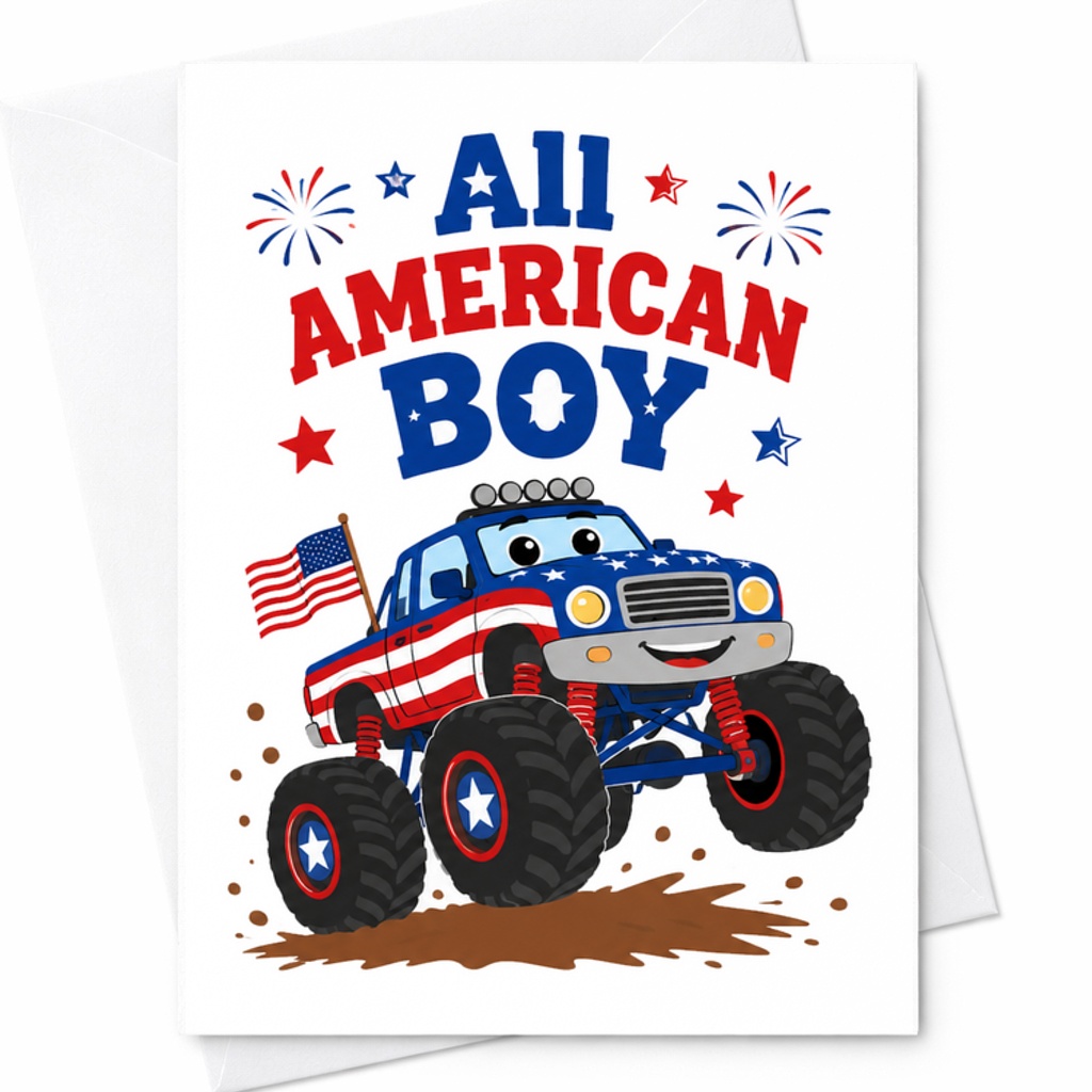 All American Boy Patriotic Monster Truck 4th Of July Card Cute Kids Independence Day USA C1706