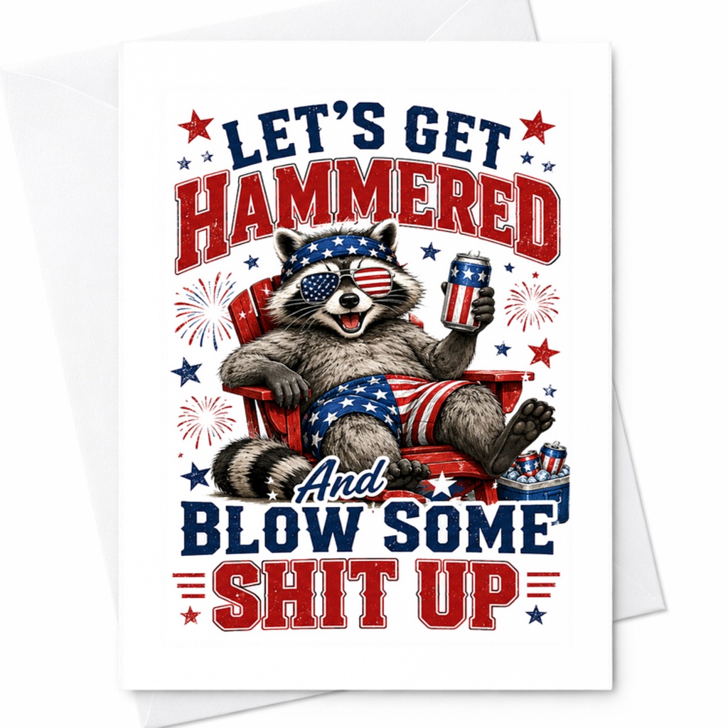 Let’s Get Hammered And Blow Some Shit Up Card Funny 4th Of July Raccoon Patriotic Independence Day C1708