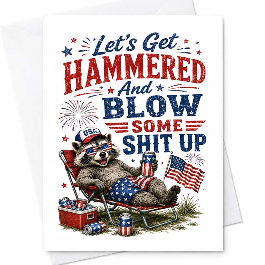 Let’s Get Hammered And Blow Some Shit Up Funny 4th Of July Raccoon Patriotic Independence Day Card C1707