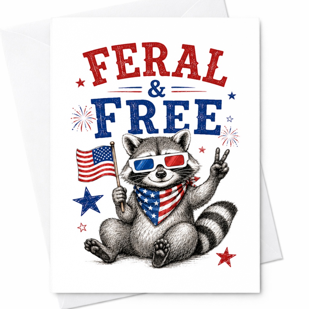 Feral And Free Funny 4th Of July Raccoon Card Patriotic America USA Freedom Independence Day Card C1711
