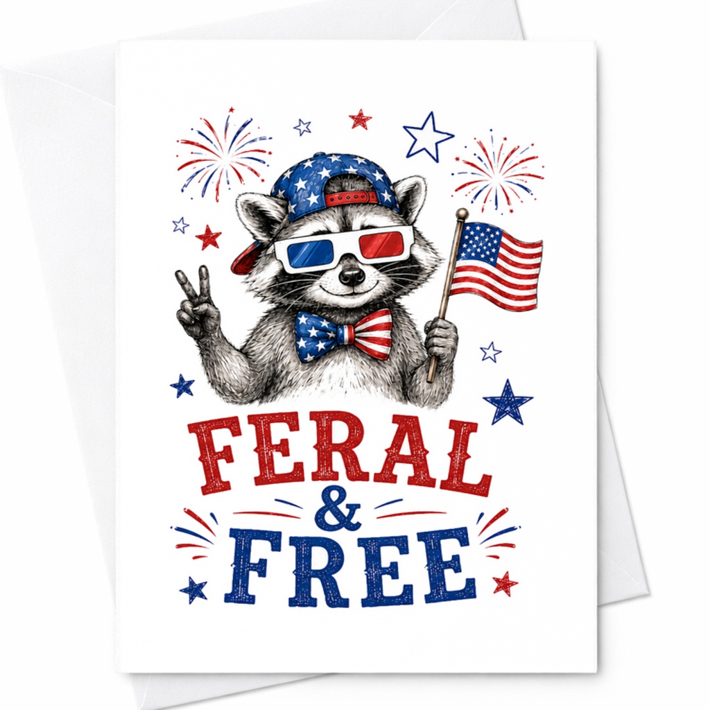 Feral And Free Funny 4th Of July Raccoon Card Patriotic America USA Freedom Independence Day C1712