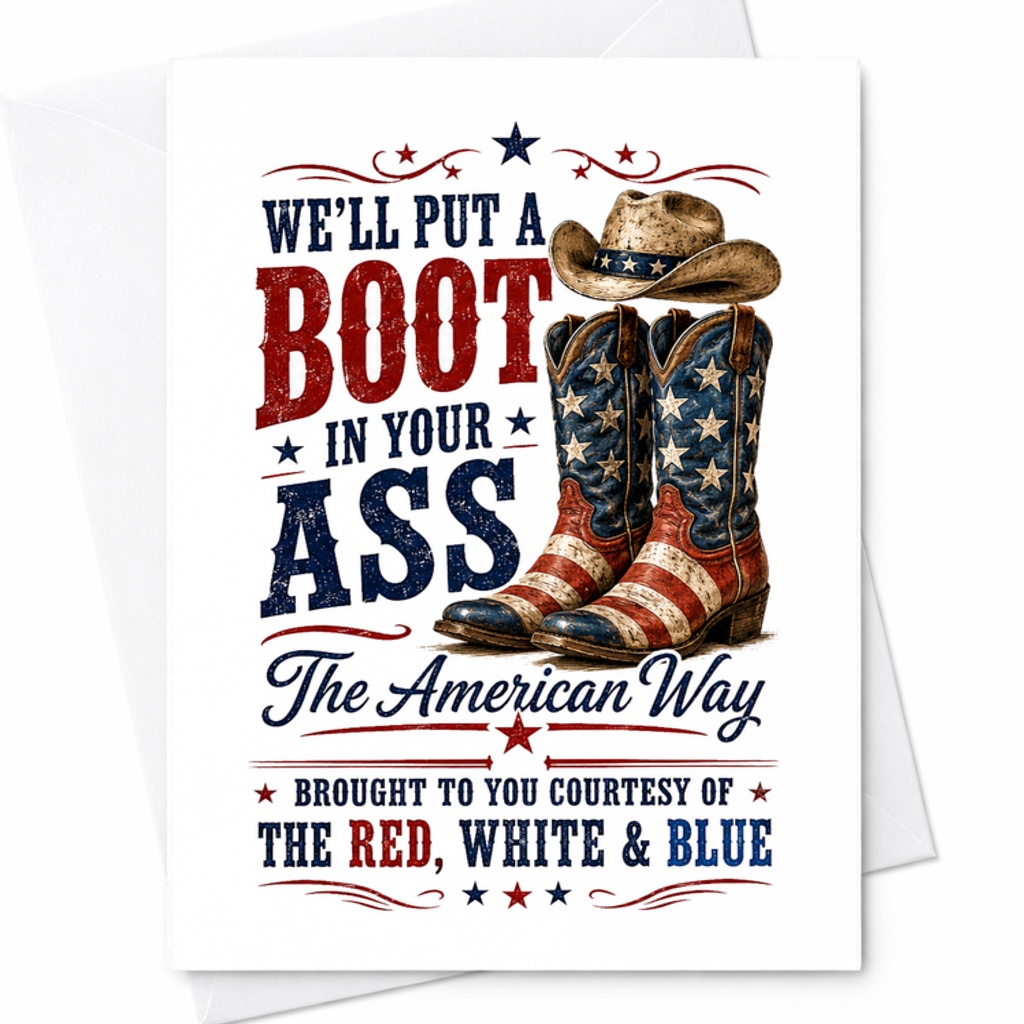 We’ll Put A Boot In Your Ass The American Way Funny Patriotic Fathers Day Card Cowboy Dad Card USA Humor C1755