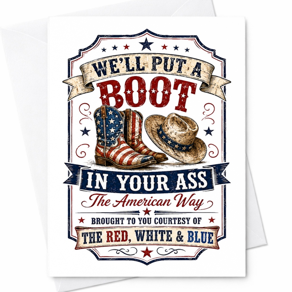 We’ll Put A Boot In Your Ass The American Way Funny Patriotic Fathers Day Card Cowboy Dad Card USA C1756