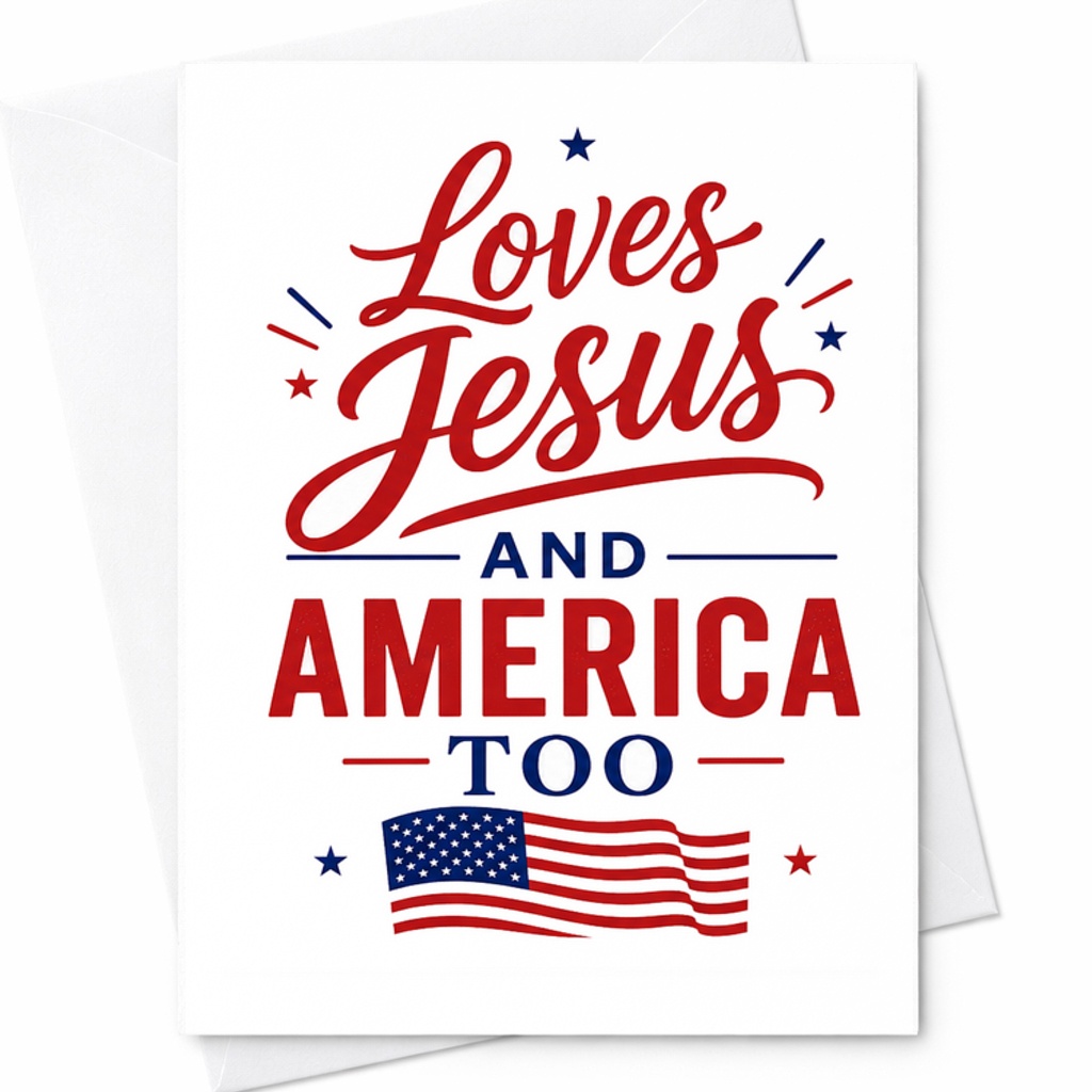 Loves Jesus And America Too Patriotic 4th Of July Card Christian USA Flag Independence Day C1758