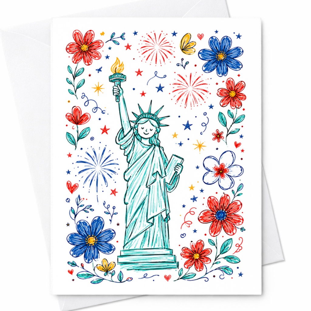 Patriotic Statue Of Liberty Floral Fireworks 4th Of July Card Whimsical Americana Independence Day Art C1760