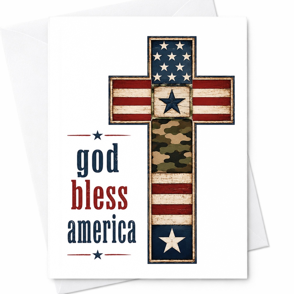 God Bless America Patriotic Cross 4th Of July Card Christian Americana Faith Based Independence Day Card C1761