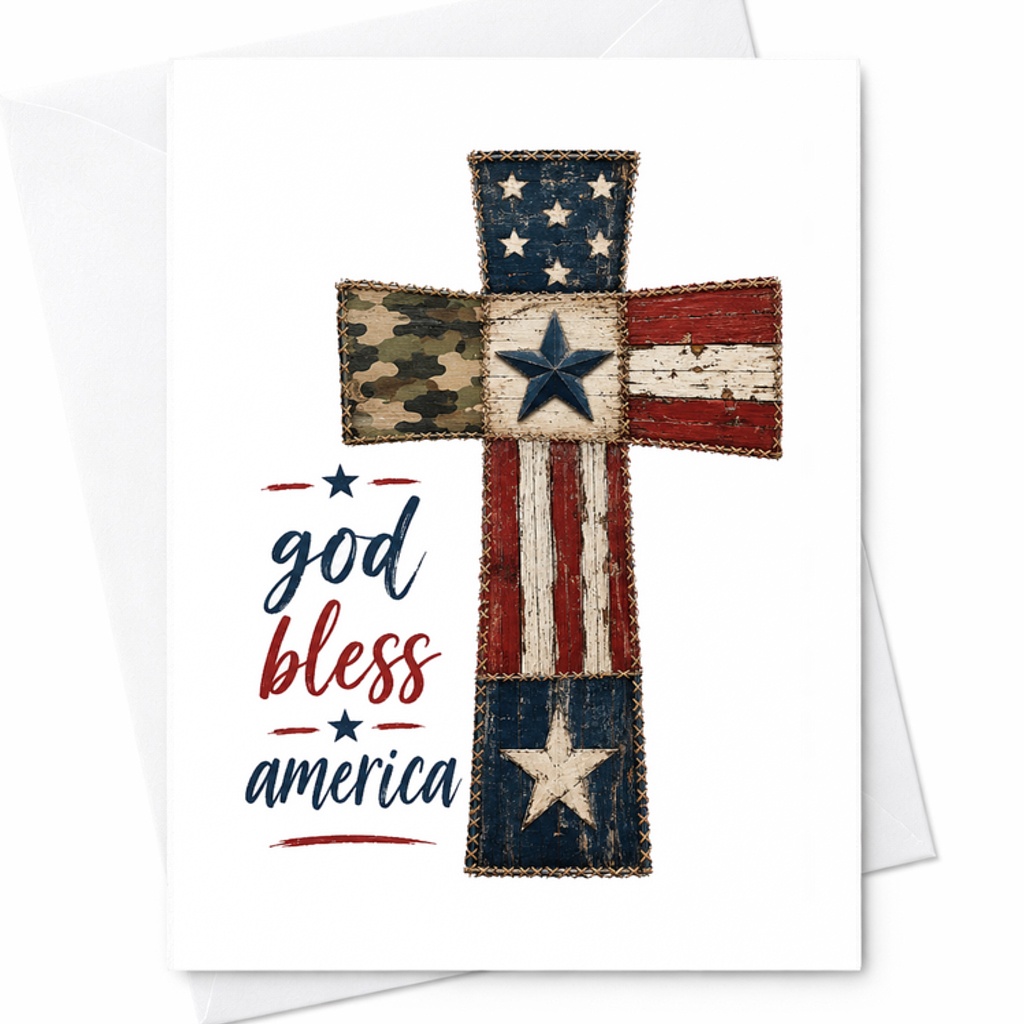 God Bless America Patriotic Cross 4th Of July Card Christian Americana Faith Based Independence Day C1762