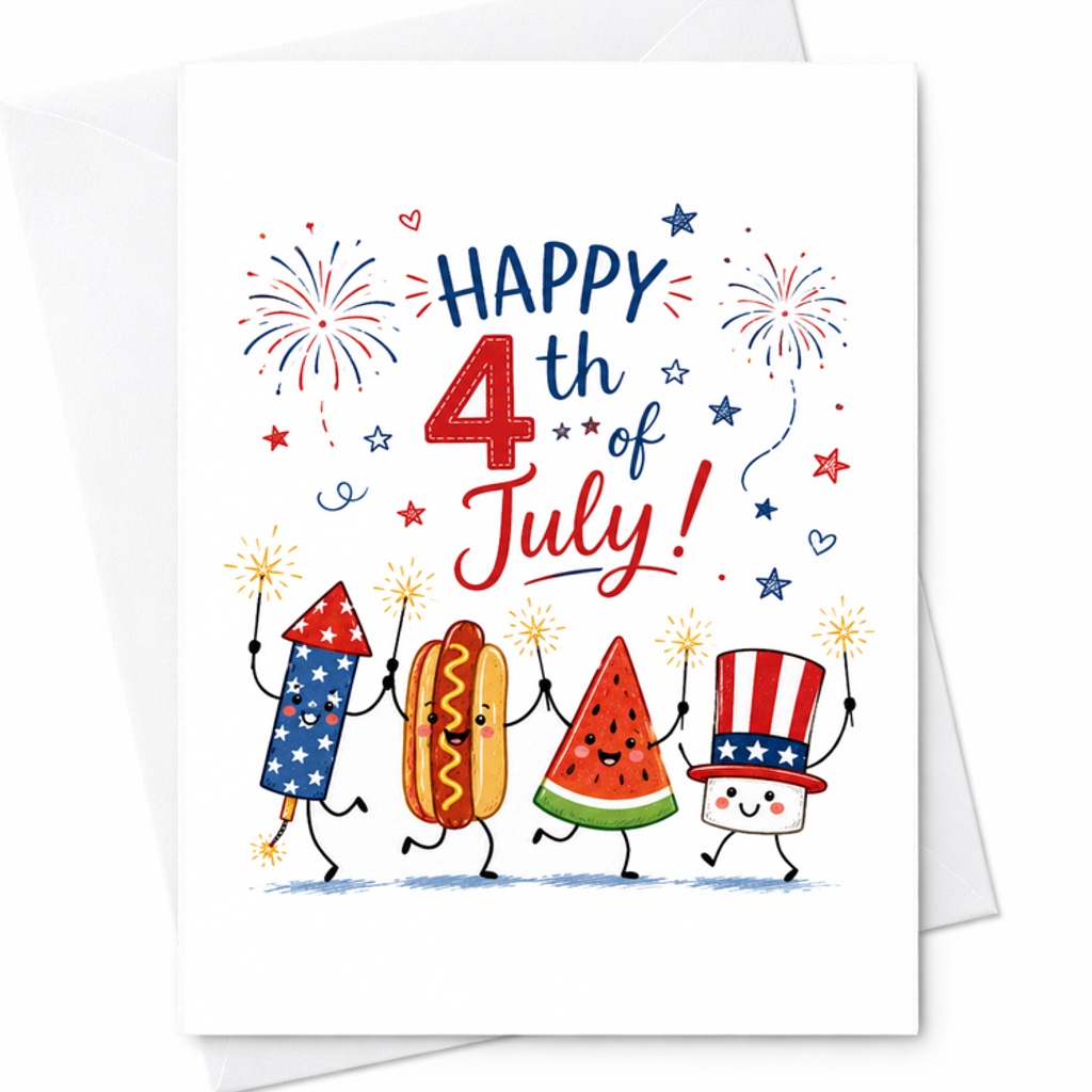 Happy 4th Of July Cute Patriotic Food Characters Fireworks Americana Independence Day Celebration Card C1763