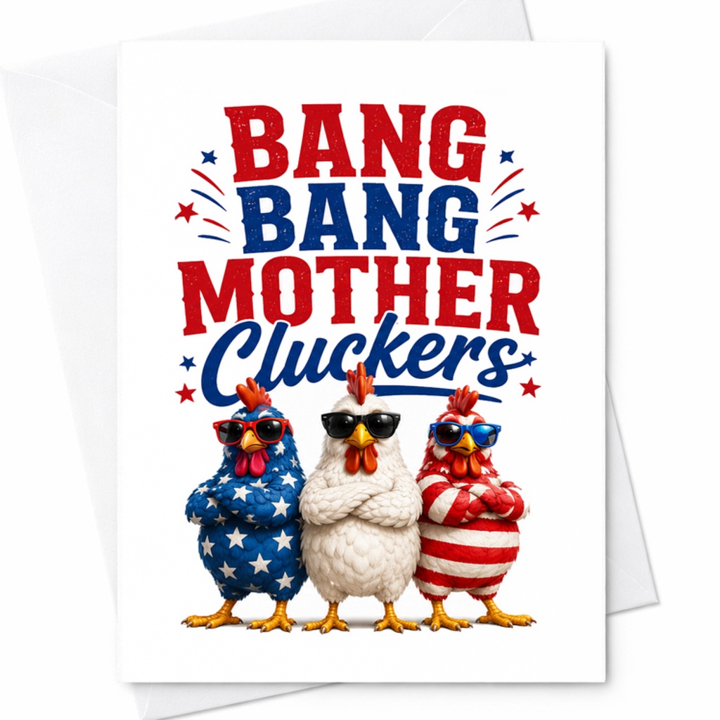 Bang Bang Mother Cluckers Funny 4th Of July Card Patriotic Chicken Americana Fireworks Humor Card C1765