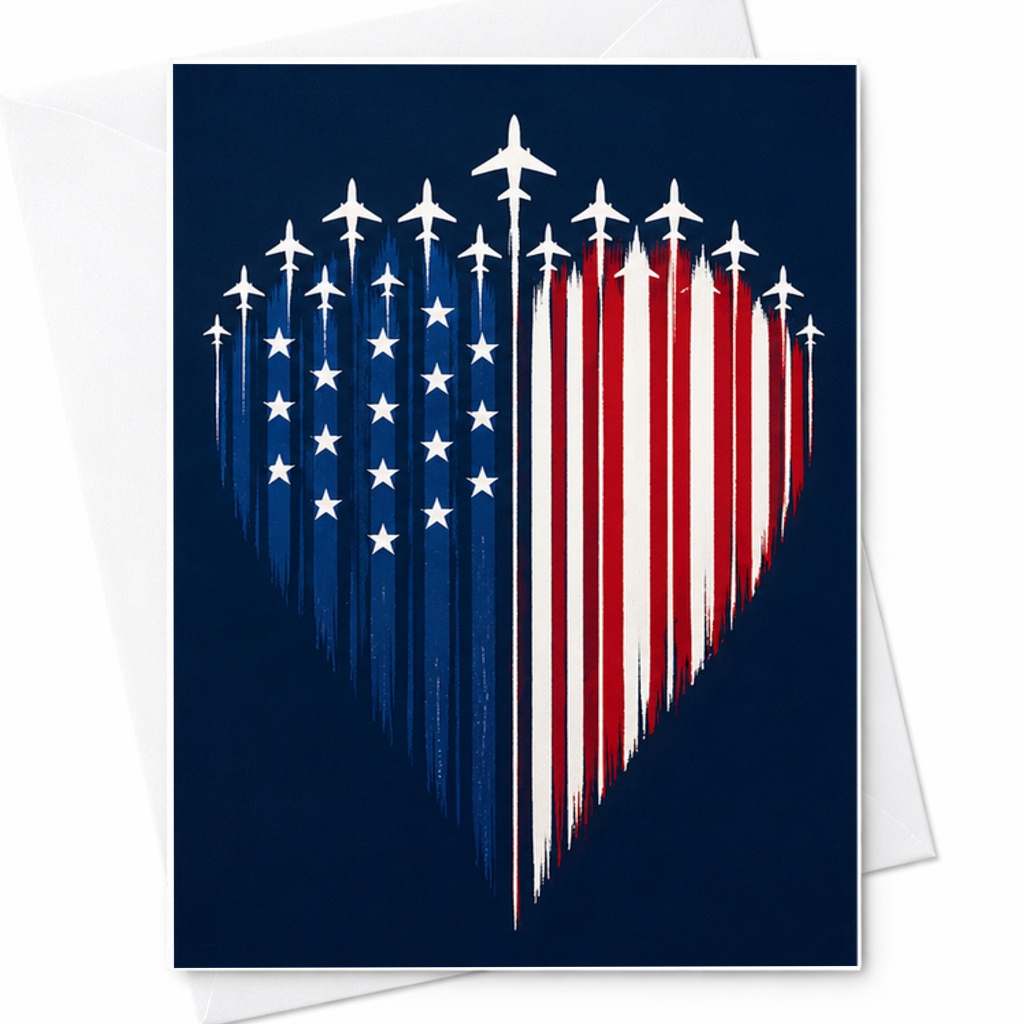 Patriotic Airplane Heart 4th Of July Card Americana USA Flag Aviation Independence Day Art Card C1766
