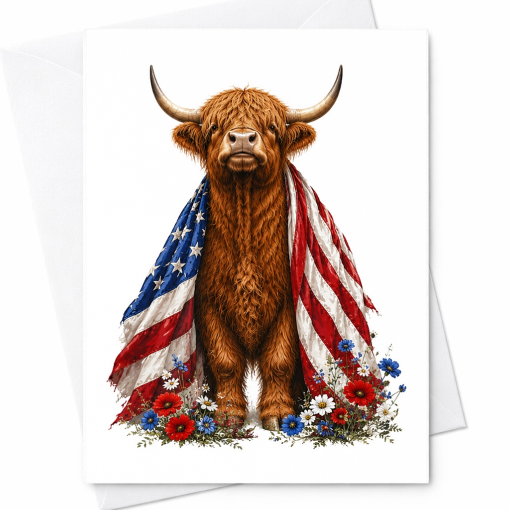 Patriotic Highland Cow American Flag 4th Of July Card Rustic Americana Independence Day Floral Art Card C1767