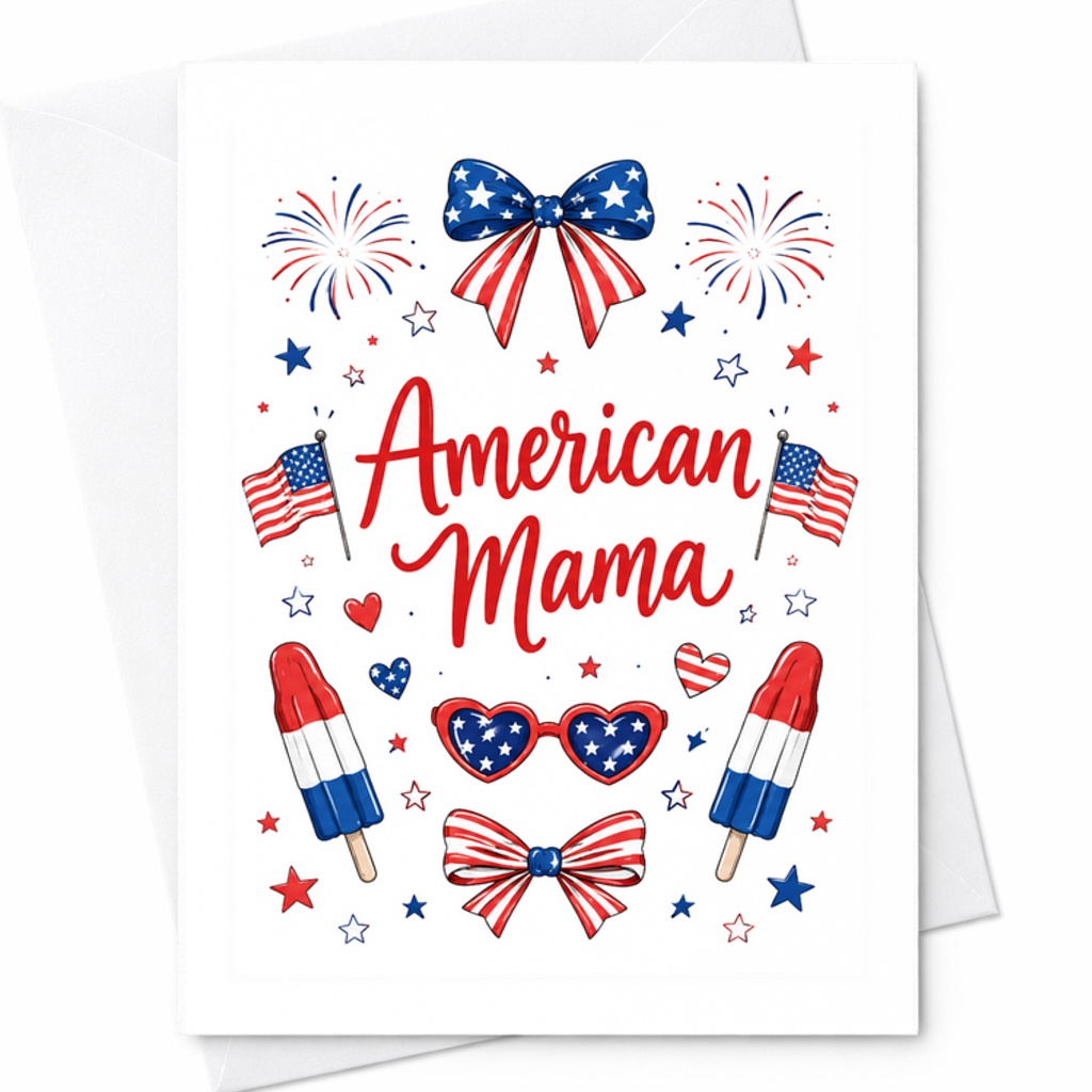 American Mama Patriotic 4th Of July Card Cute Americana Fireworks Bows Popsicle Celebration Card C1770