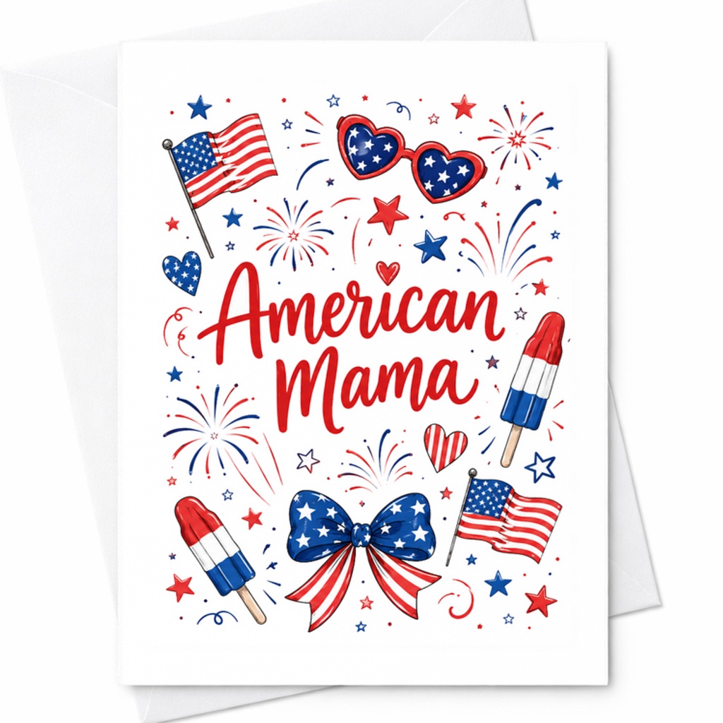 American Mama Patriotic 4th Of July Card Cute Americana Fireworks Bows Popsicle Celebration C1771